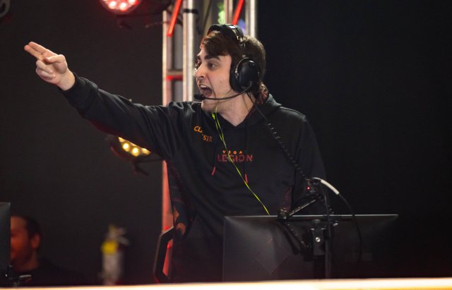 Vegas Legion's Clayster celebrates on stage during the 2023 Call of Duty League season.